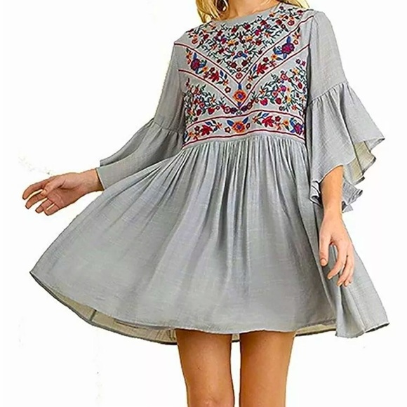 Umgee Boho Embroidered Art Dress SZ S Cool Gray Colorful NWT - Picture 1 of 8